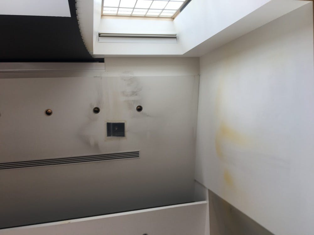 Water damage to the ceiling inside the Joslin Senate Chamber.