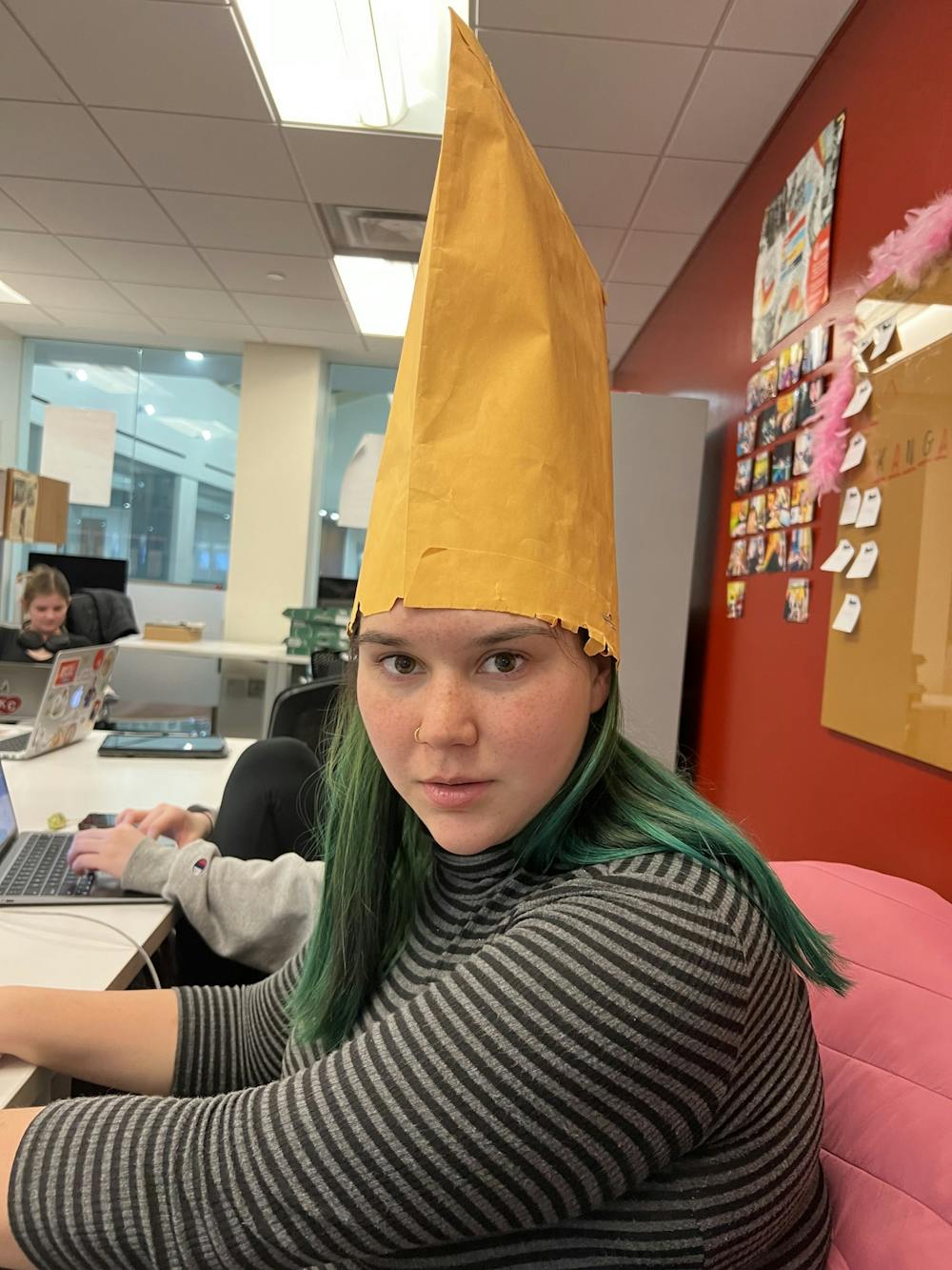 Outgoing Entertainment editor Maggie Peña will miss all the friends she&#x27;s made at The Miami Student, and all the fun times they have together (including this manila envelope hat).