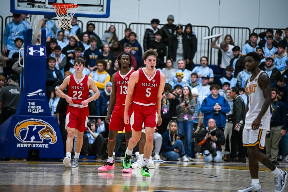 Senior guard Peter Suder celebrates on Jan. 20 against Kent State University.