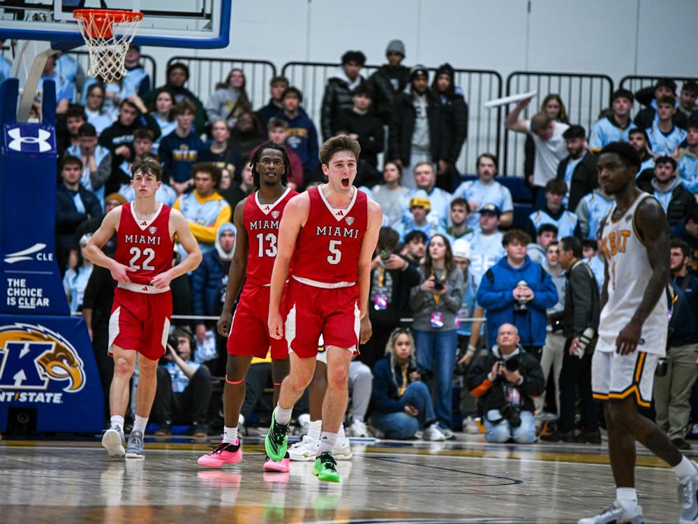 Senior guard Peter Suder celebrates on Jan. 20 against Kent State University.