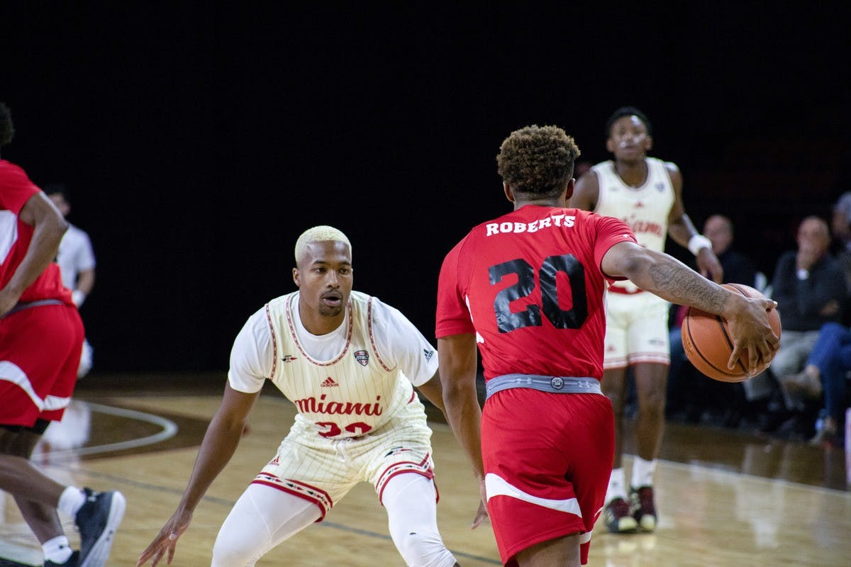 Junior guard Myja White guards a Lamar University player during Miami's Nov. 13 win vs. the Cardinals.