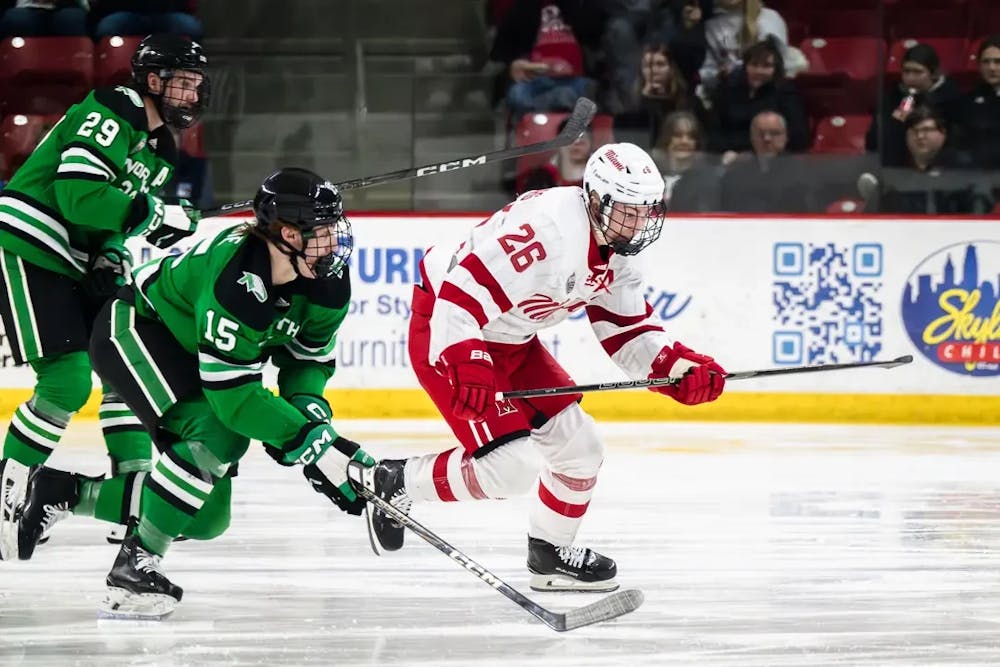 Blake Mesenburg skates against North Dakota in Miami's only series against the Fighting Hawks this season