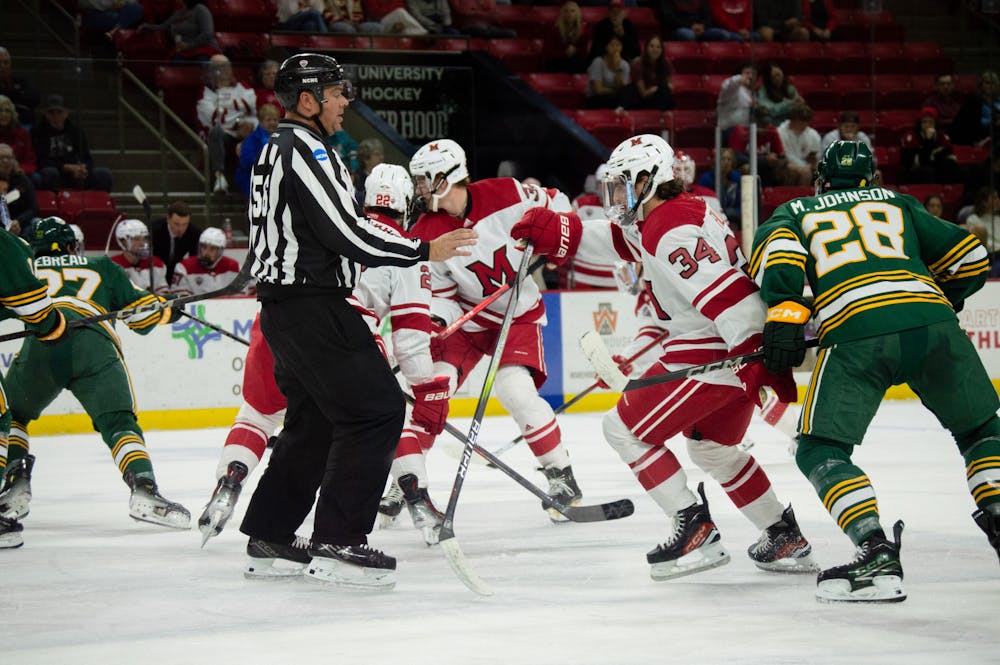 Miami hockey skating against Alaska Anchorage on Oct. 12 at Goggin Ice Center 