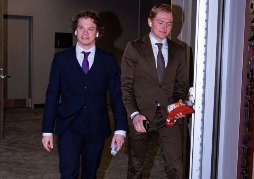 Ludvig Persson and Hampus Rydqvist arrive to Cady Arena together before a game last year.﻿
