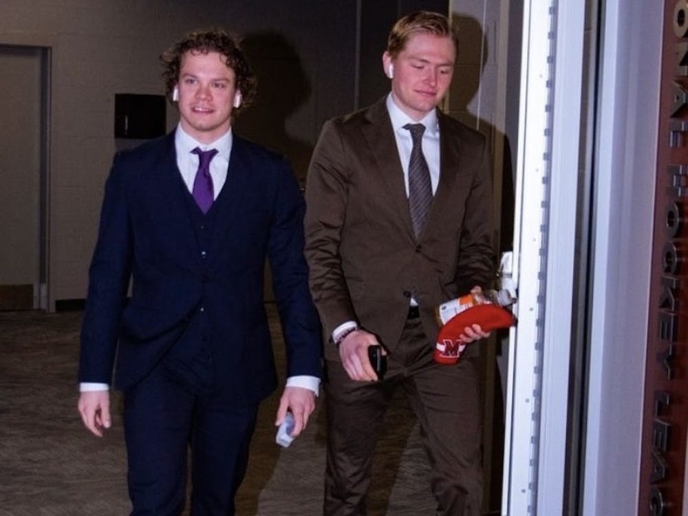 Ludvig Persson and Hampus Rydqvist arrive to Cady Arena together before a game last year.﻿