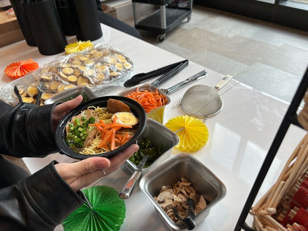 Miami Dining Services' Ramen station, featured many add-ins including, shredded pork, sliced pork, carrots, bok choy, scallions, egg and mushrooms.