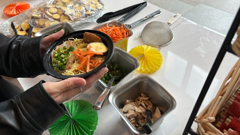 Miami Dining Services' Ramen station, featured many add-ins including, shredded pork, sliced pork, carrots, bok choy, scallions, egg and mushrooms.