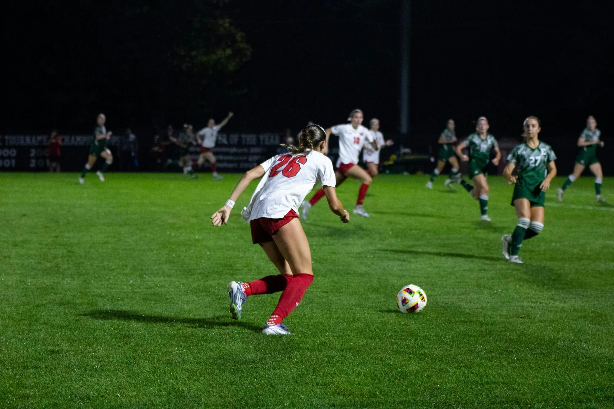 Morhéa Hoefen looks to pass to her teammates at Bobby Kramig Field against Eastern Michigan on Sept. 25