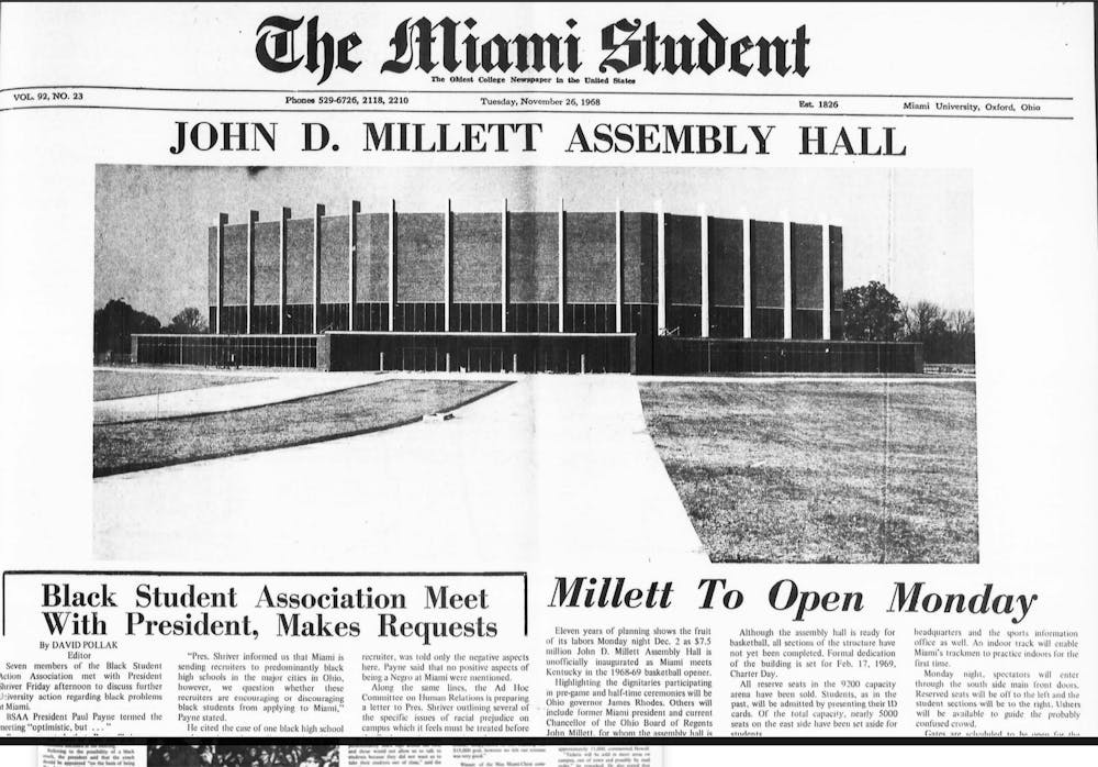 Front page of The Miami Student from the Nov. 26, 1968 edition, detailing the opening of Millett Hall