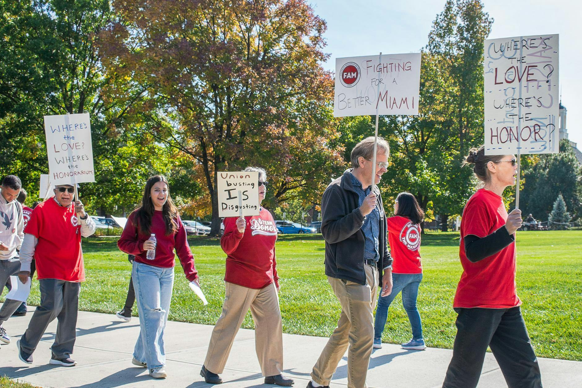 The Faculty Alliance of Miami has organized numerous protests to promote fair compensation and working conditions for faculty and librarians at Miami.