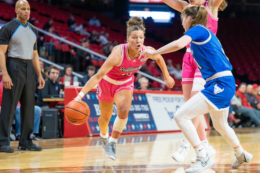 Graduate student guard Maya Chandler dribbling against Buffalo at Millett Hall on Feb. 22