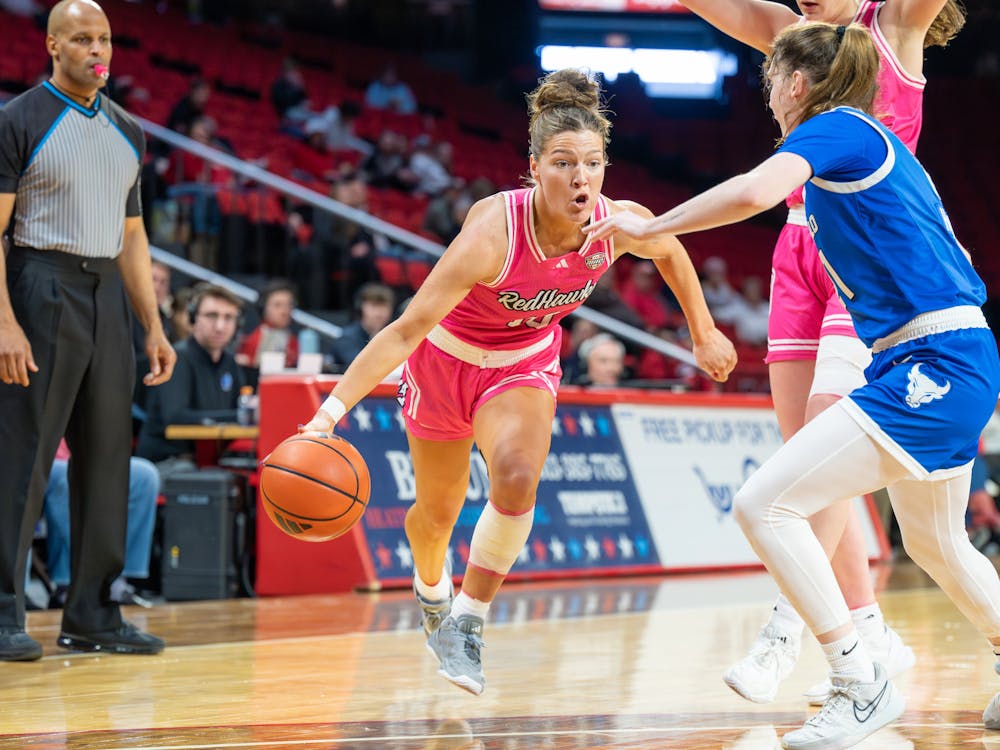 Graduate student guard Maya Chandler dribbling against Buffalo at Millett Hall on Feb. 22