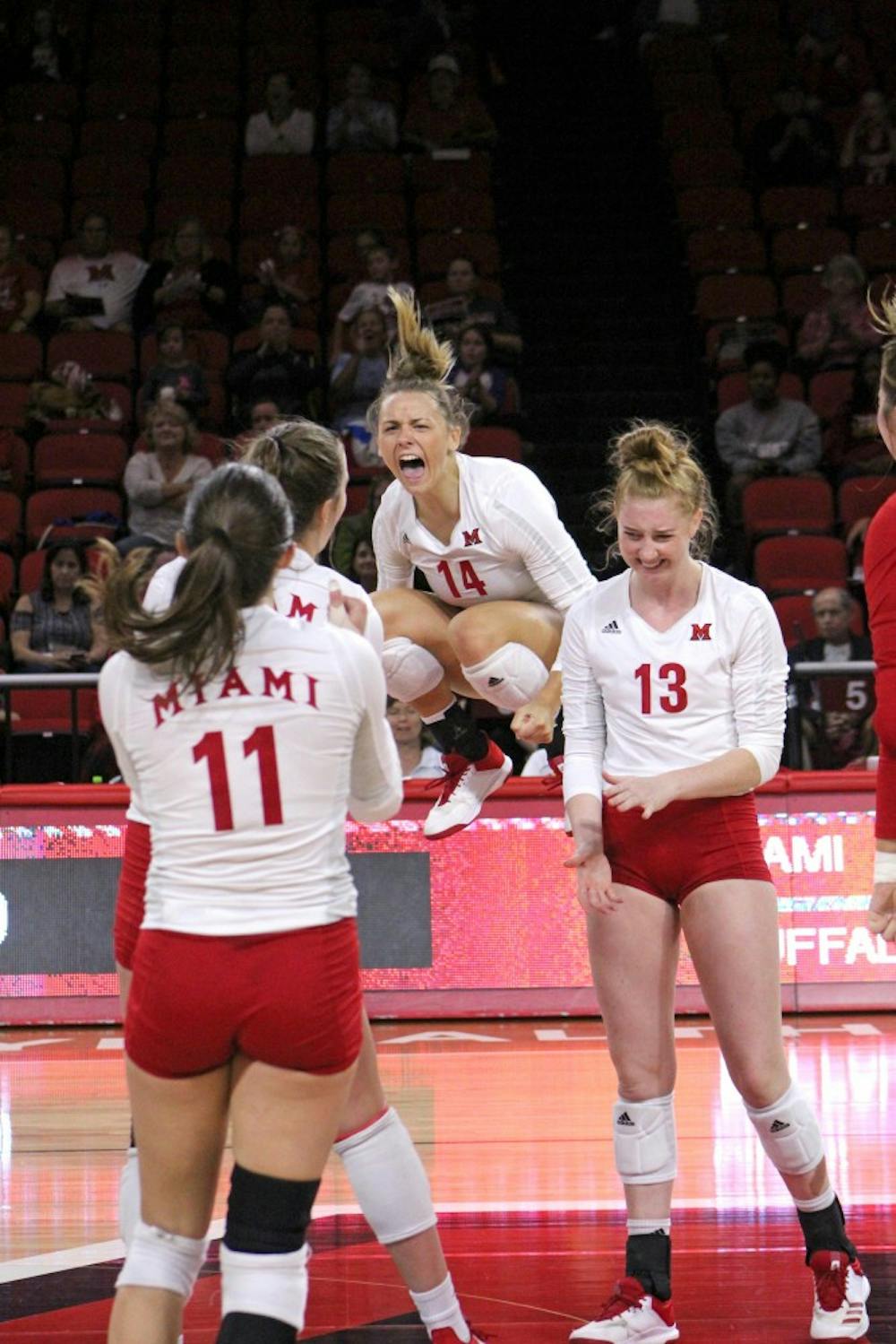 Senior right side Sarah Wojick (pictured, middle) led the team with 25 total kills in Miami&#x27;s series vs. Bowling Green.