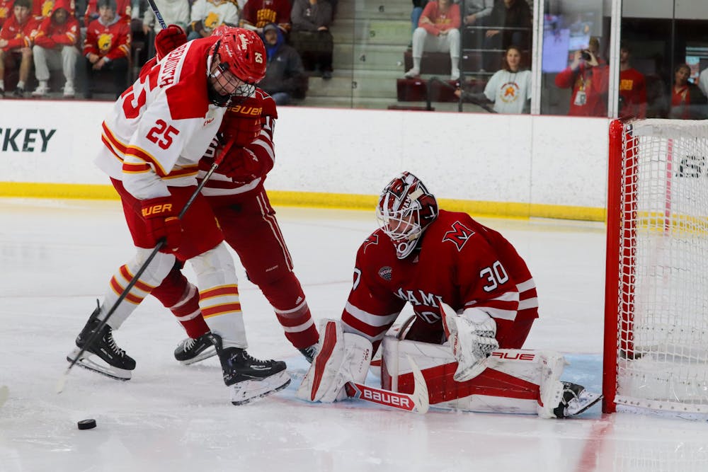 <p>Bruno Bruveris makes a save in net against the Ferris State University Bulldogs on the road to start the 2024-25 season</p>