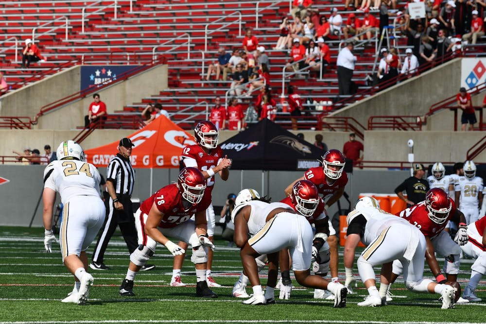Miami's offense prepares for a snap in the first quarter against Lindenwood on Sept. 27 at Yager Stadium