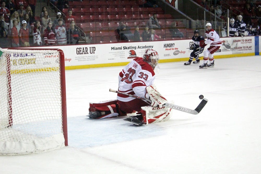 Freshman goaltender Ben Kraws makes a save against New Hampshire in his first career start Saturday. Kraws allowed four goals but made 21 saves.