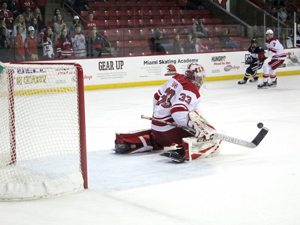 Freshman goaltender Ben Kraws makes a save against New Hampshire in his first career start Saturday. Kraws allowed four goals but made 21 saves.