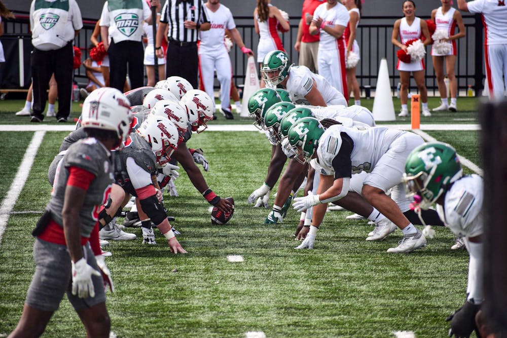 The Miami RedHawks football team lines up against the Eastern Michigan Eagles on Oct. 18, 2025. 