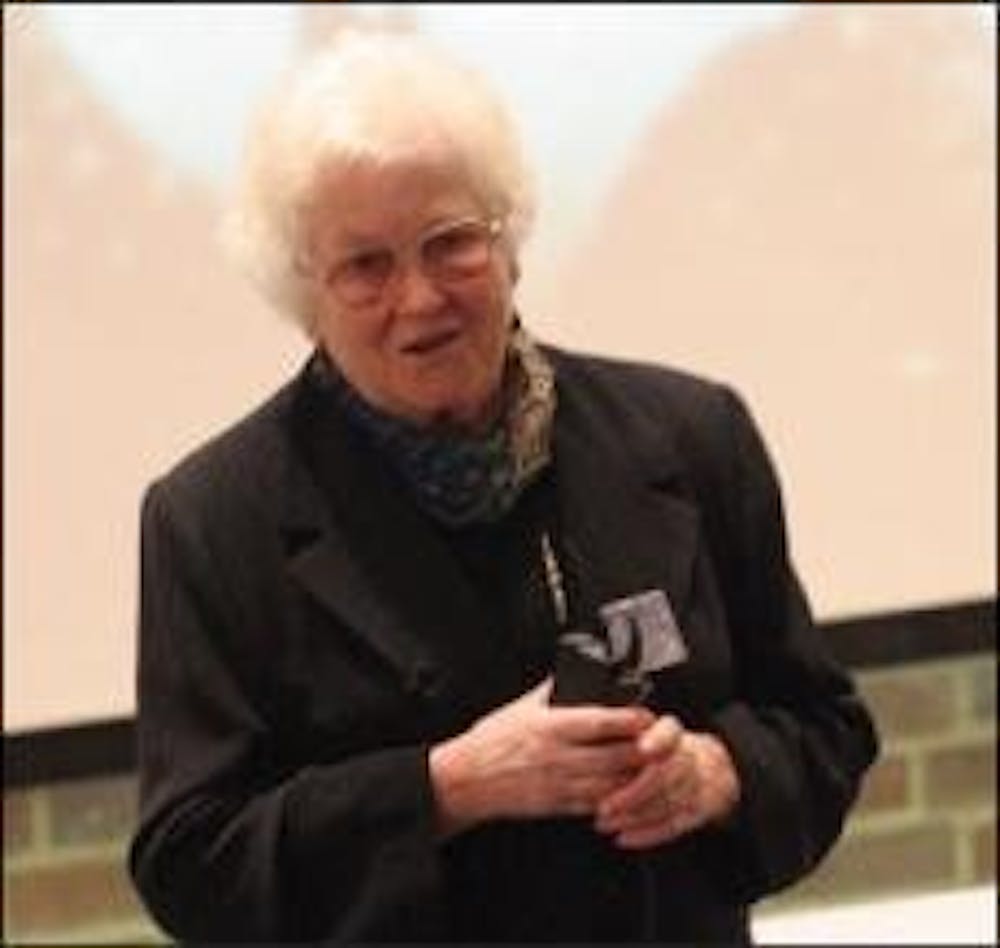 Judith Meisel speaks to students about her Holocaust experience in Shideler Hall Thursday.