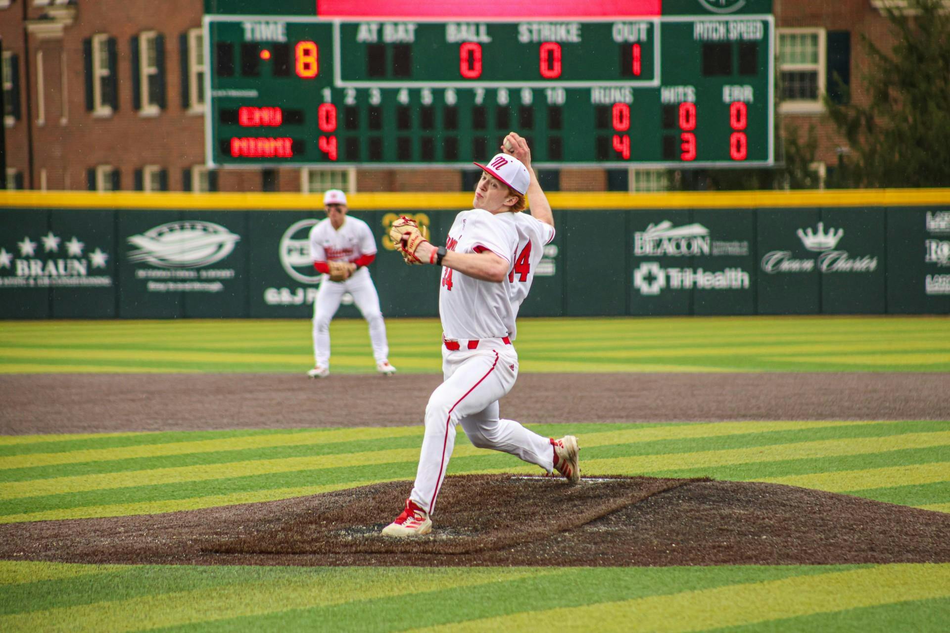 Freshman pitcher Cameron Novak throws a pitch off the mound in his first start against Eastern Michigan.