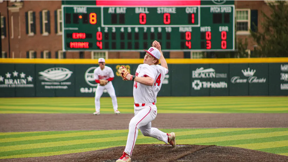 Freshman pitcher Cameron Novak throws a pitch off the mound in his first start against Eastern Michigan.