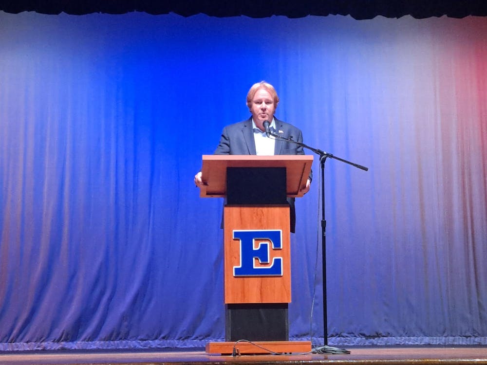 Ohio’s eighth district house representative, Warren Davidson, speaks at a town hall meeting on Aug. 27 at Edgewood Middle School.