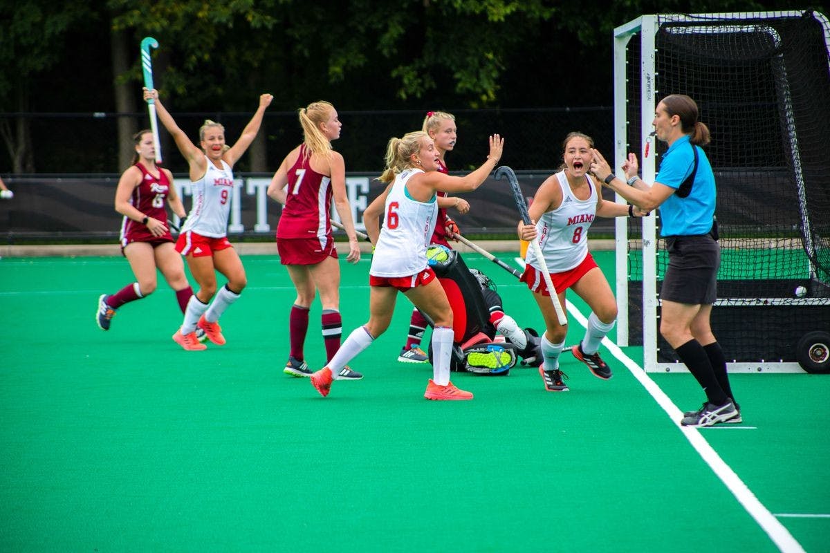 Sophomore striker Claudia Negrete Garcia celebrates a goal in Miami&#x27;s Sept. 4 3-1 win vs. Rider University.