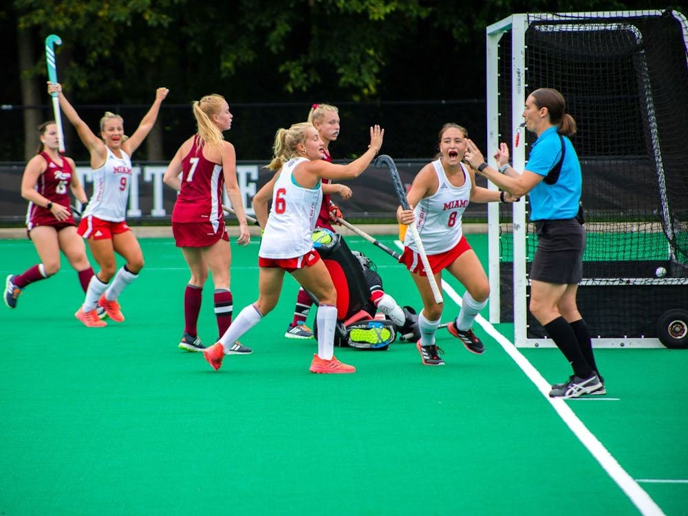 Sophomore striker Claudia Negrete Garcia celebrates a goal in Miami's Sept. 4 3-1 win vs. Rider University.