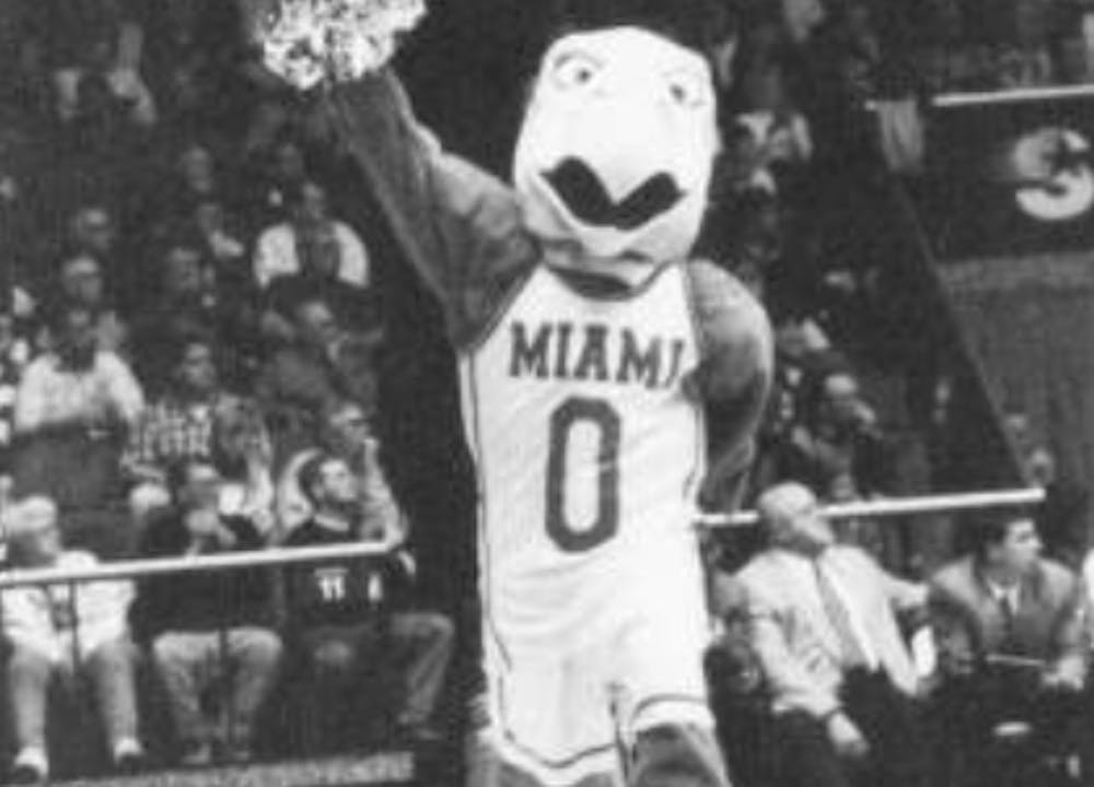 <p>Miami&#x27;s mascot at a basketball game in 1998, Miami&#x27;s first full year as the RedHawks﻿</p>