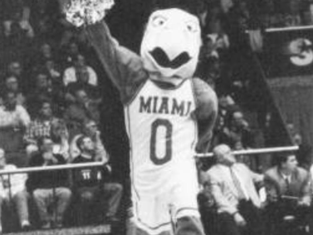Miami's mascot at a basketball game in 1998, Miami's first full year as the RedHawks