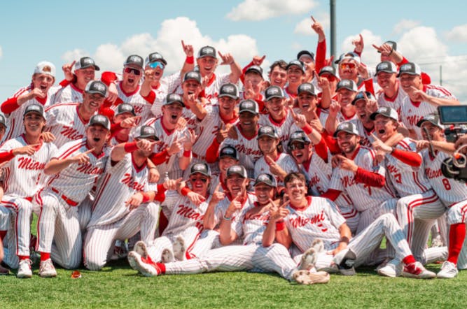 The Miami baseball team celebrates winning the 2025 MAC championship in Avon, Ohio