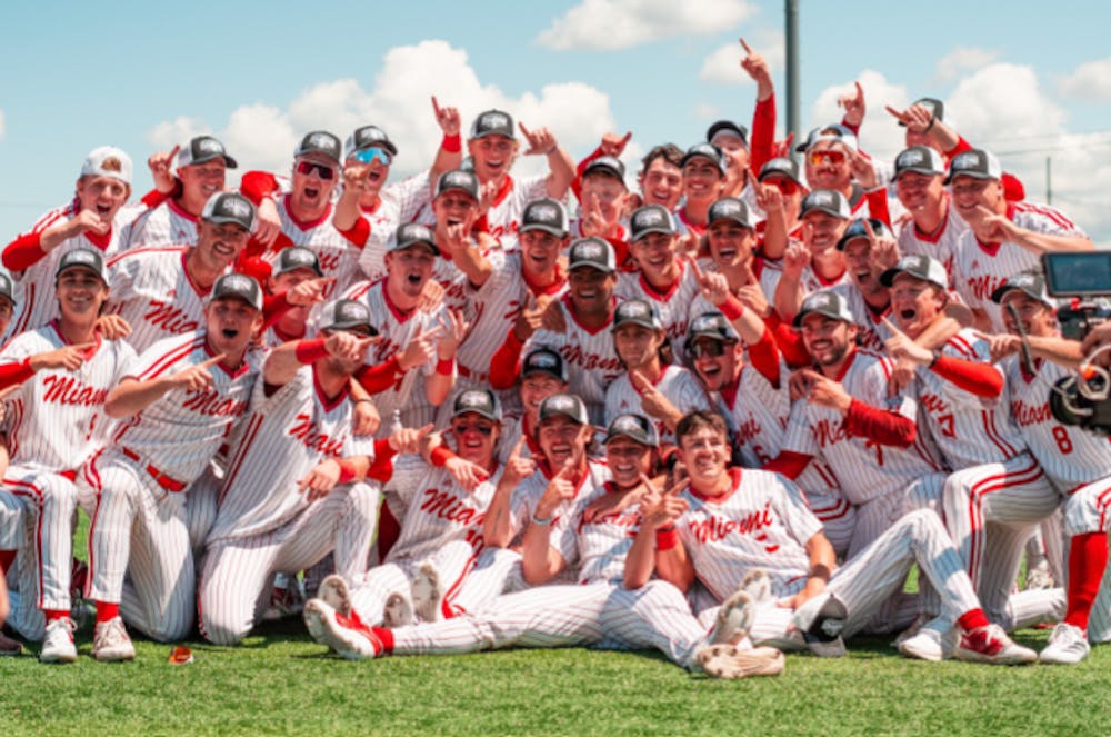 The Miami baseball team celebrates winning the 2025 MAC championship in Avon, Ohio