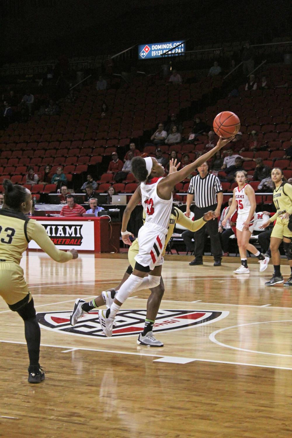 Senior guard Lauren Dickerson attempts a layup in a 70-67 Miami victory over Western Michigan Feb. 3 at Millett Hall.