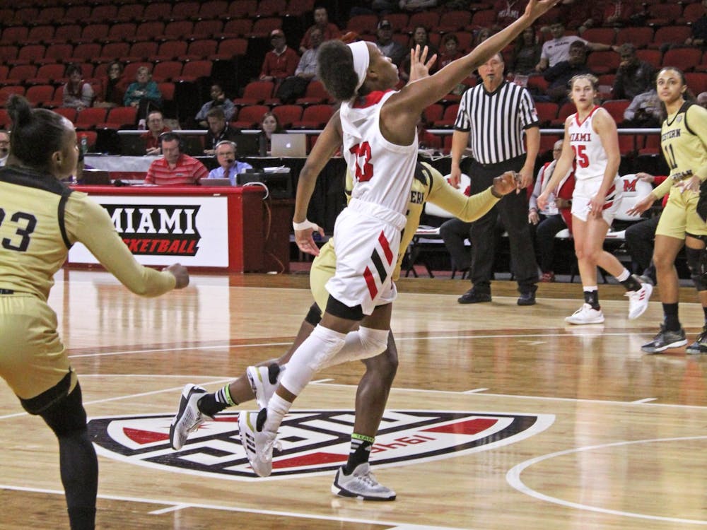 Senior guard Lauren Dickerson attempts a layup in a 70-67 Miami victory over Western Michigan Feb. 3 at Millett Hall.
