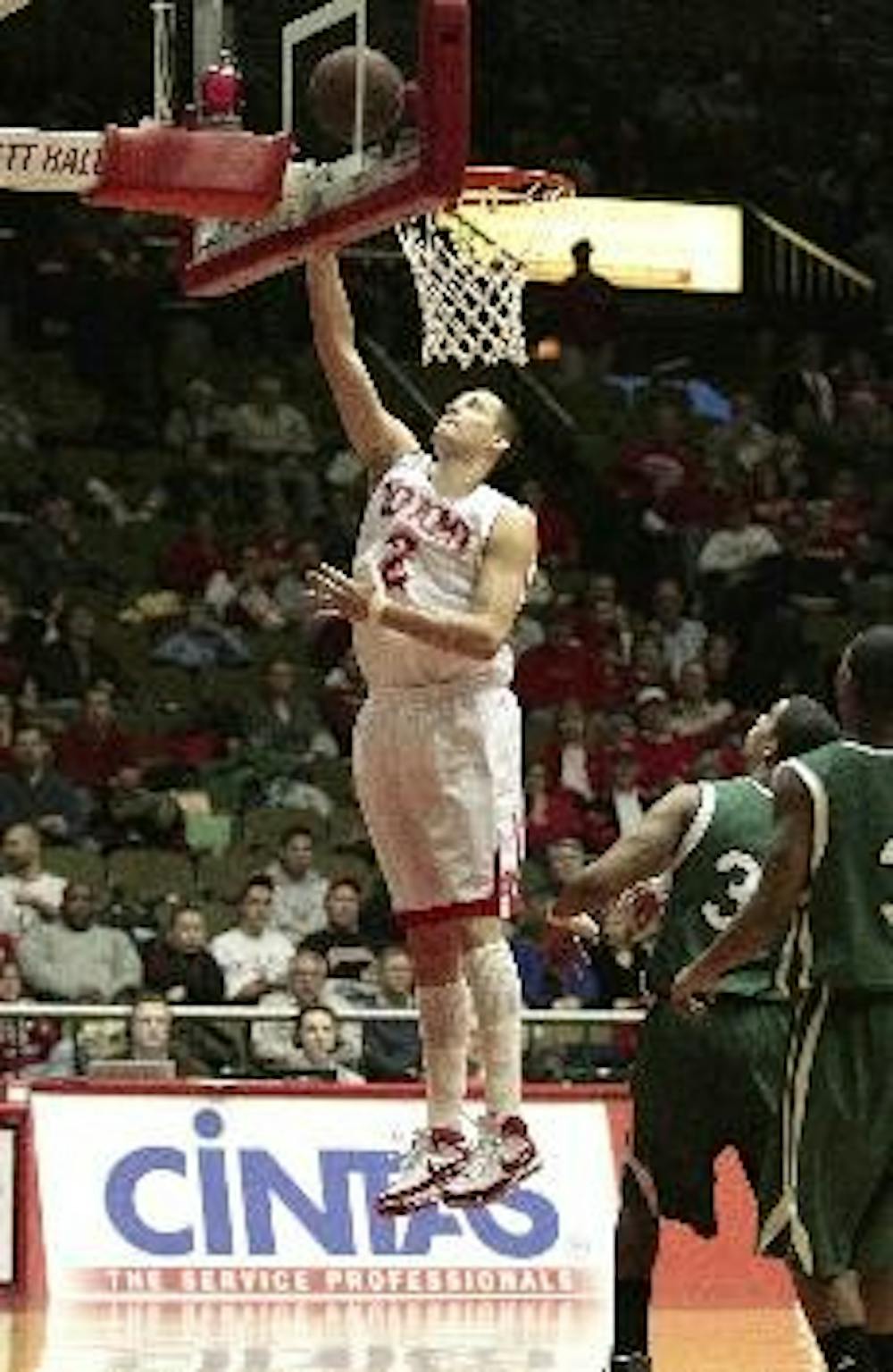 Miami's Tyler Dierkers goes up for an easy basket Saturday evening at Millett Hall. The RedHawks recorded their second MAC win of the season, 65-52.