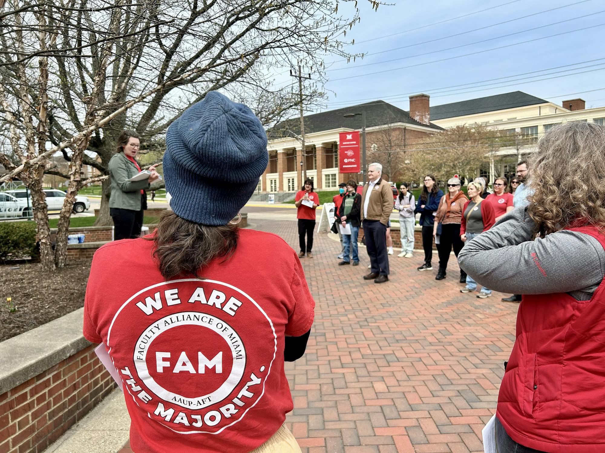 Elena Jackson Albarrán addressed the crowd at the April 17 “Hands Off Higher Education” rally.