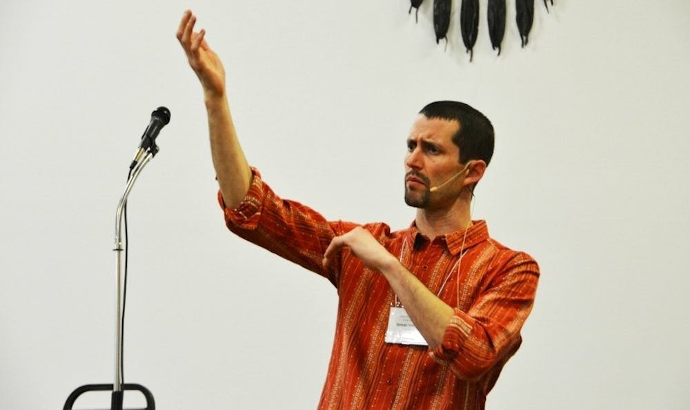 Myaamia Center Assistant Director George Ironstrack uses hand motions and sounds to tell traditional Myaamia stories. | Photo by James Steinbauer