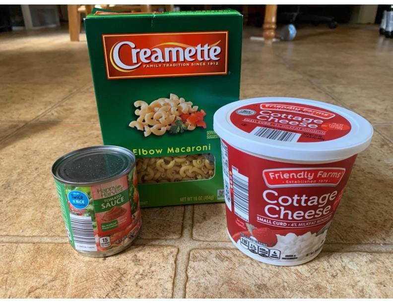 The simple (and cheap!) ingredients for Maggie&#x27;s signature mac and cottage cheese.