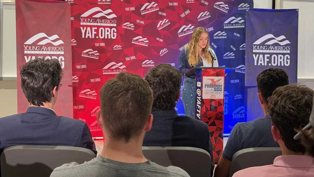TPUSA speaker Isabel Brown delivers a speech to the crowd at the College Republicans "The Feminist Lie" event.