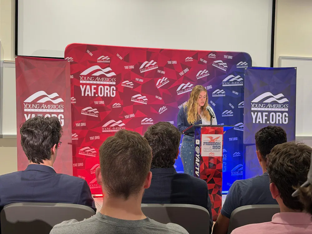 TPUSA speaker Isabel Brown delivers a speech to the crowd at the College Republicans "The Feminist Lie" event.