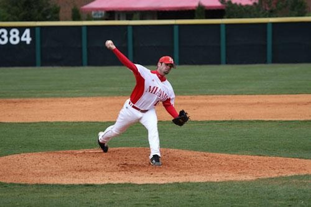 Sophomore Charles Zubrod brings the heat against Xavier University Tuesday in the Joe Nuxhall Invitational. Zubrod threw six shut-out innings in the RedHawks’ 1-0 win over the Musketeers. Miami, however, fell in the championship game to Wright State University of 2-1.