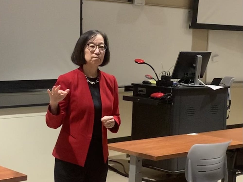 <p>Lynn Okagaki answers questions at an open forum as Miami searches for its next provost.</p>