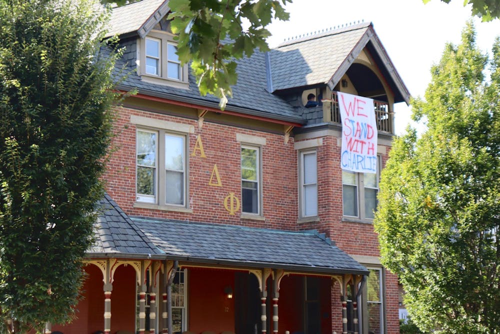 <p>Alpha Delta Phi, Miami’s oldest fraternity on campus, hung a banner outside of its chapter house on South Campus Avenue in support of Charlie Kirk following his assassination.&nbsp;</p>