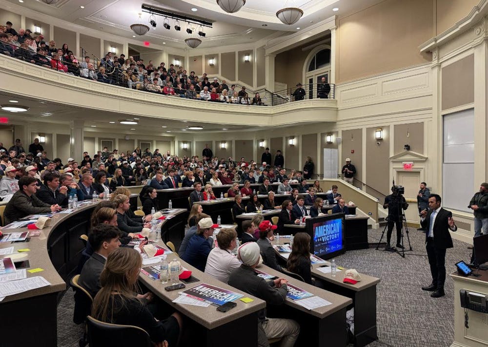 A crowd of 500 Miami University students and Oxford residents welcome American entrepreneur and politician Vivek Ramaswamy to Taylor Auditorium in the Farmer School of Business on Dec. 3. 