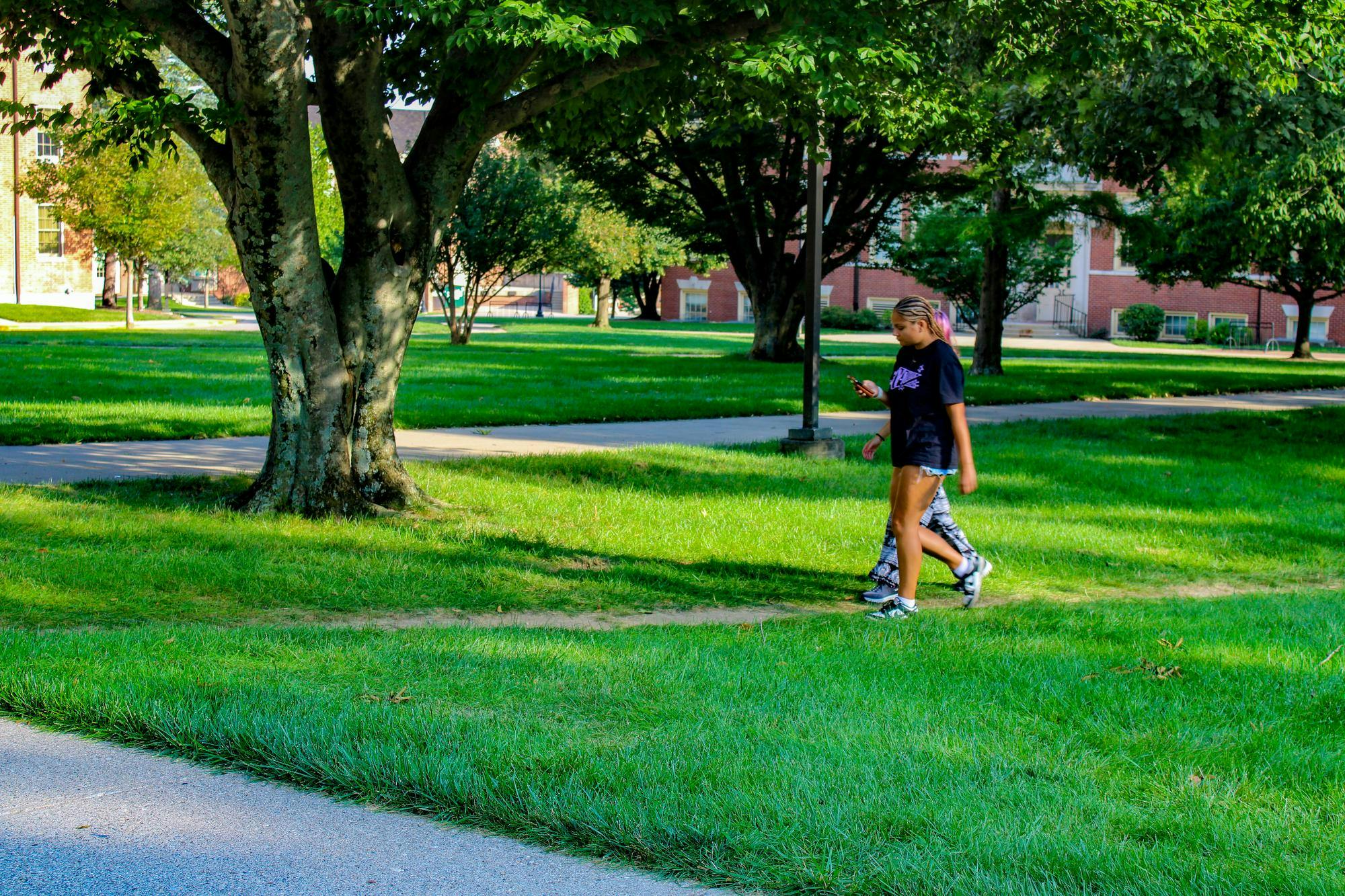 Miami University students walking on a desire path across the Academic Quad.
