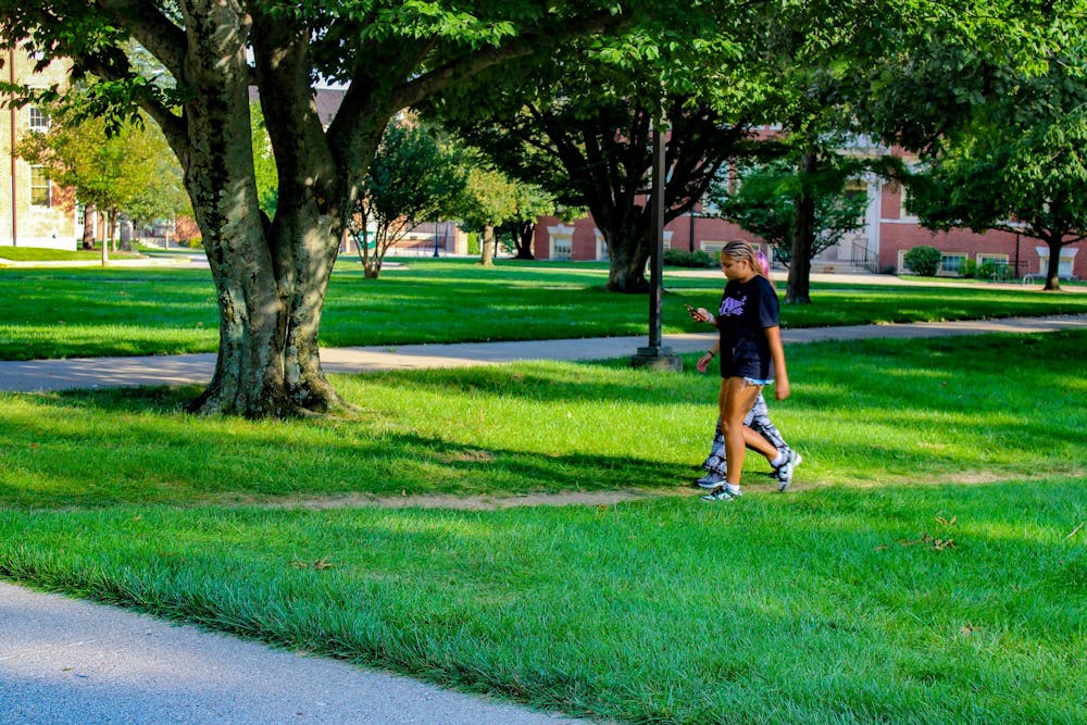 <p>Miami University students walking on a desire path across the Academic Quad.</p>