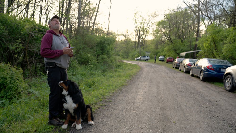 The Russells often bring their two Bernese mountain dogs along on the bird banding. Photo provided by Andy Rice