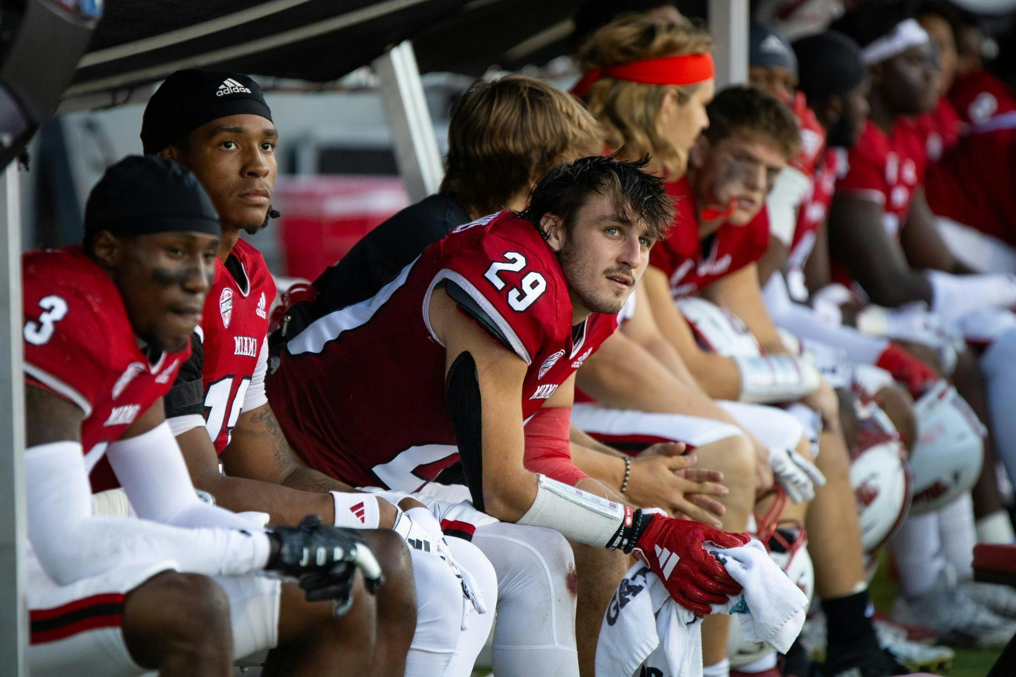 Silas Walters, No. 29, watches the jumbotron at Yager Stadium during Miami’s game against Ohio University on Oct. 19, 2024.