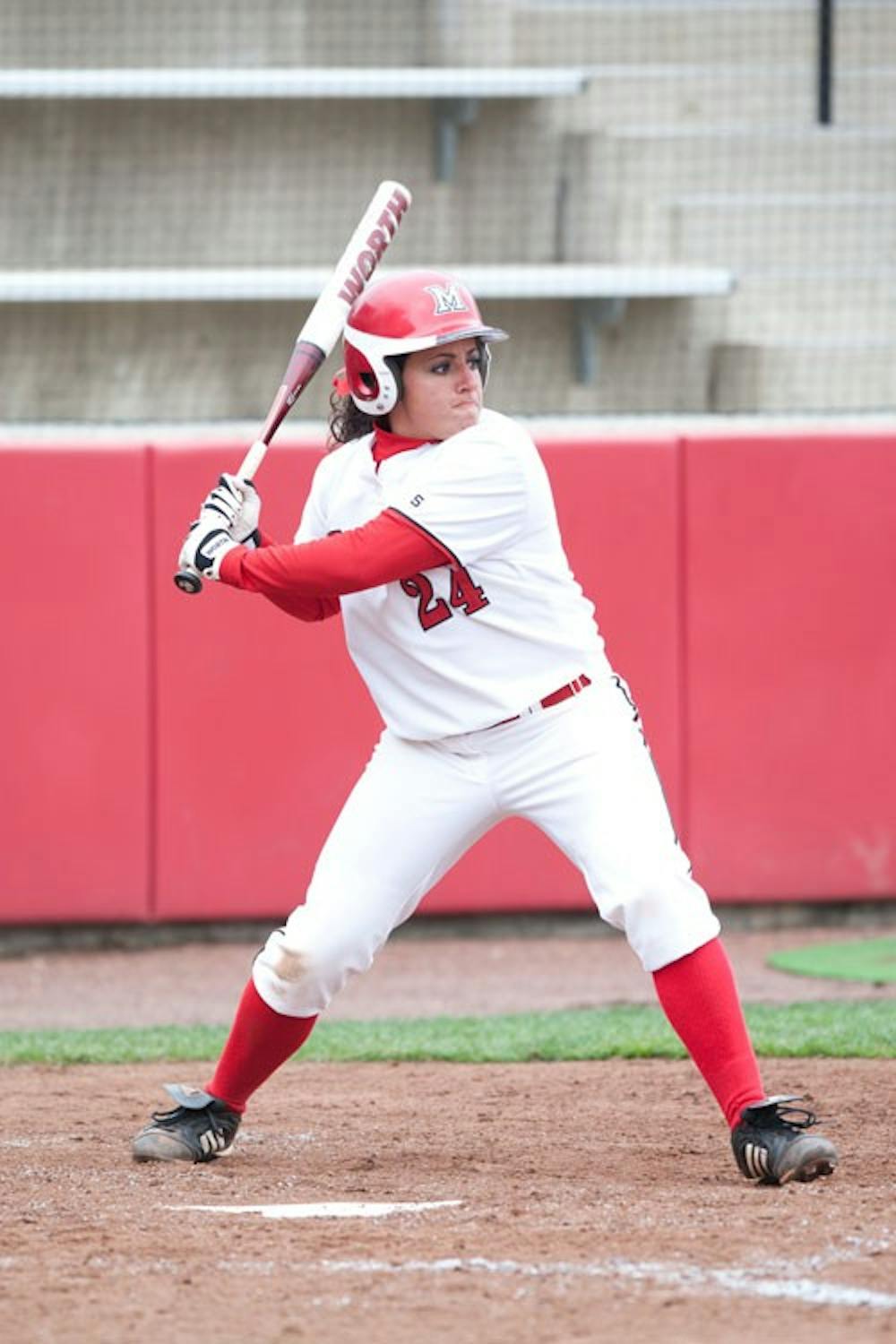 Daniela Torres awaits a pitch at the plate for the RedHawks March 24.
