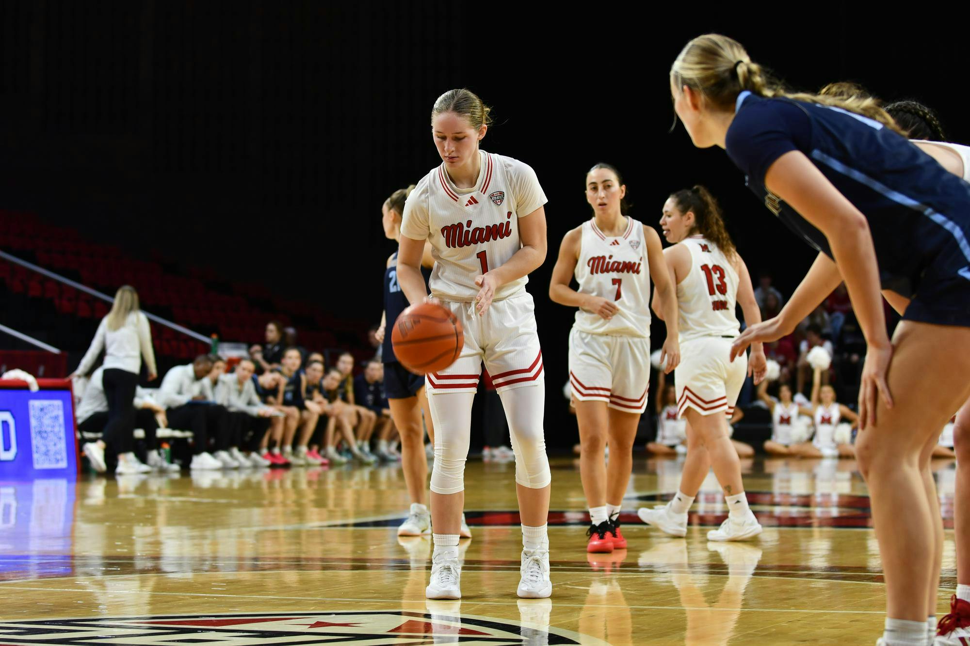Senior guard Amber Scalia prepares to shoot a free throw against Cedarville at Millett Hall on Nov. 7